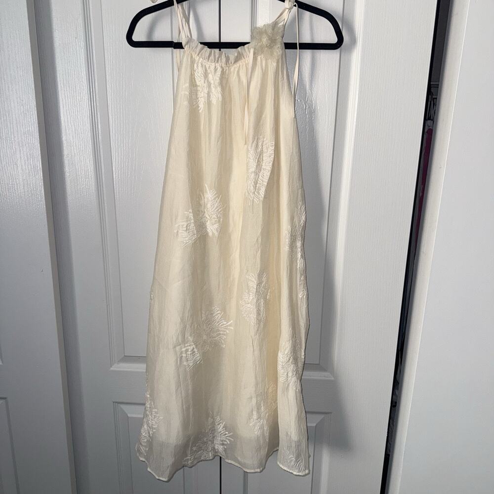 Cream Midi Dress Floral Embroidered Slip Cottagecore Bridal Tie Strap Women’s L